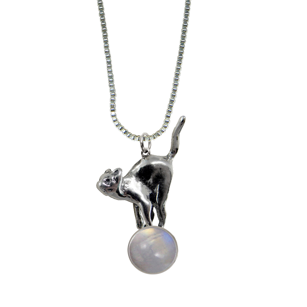 Sterling Silver Playful Kitty Cat About To Jump Pendant With Rainbow Moonstone